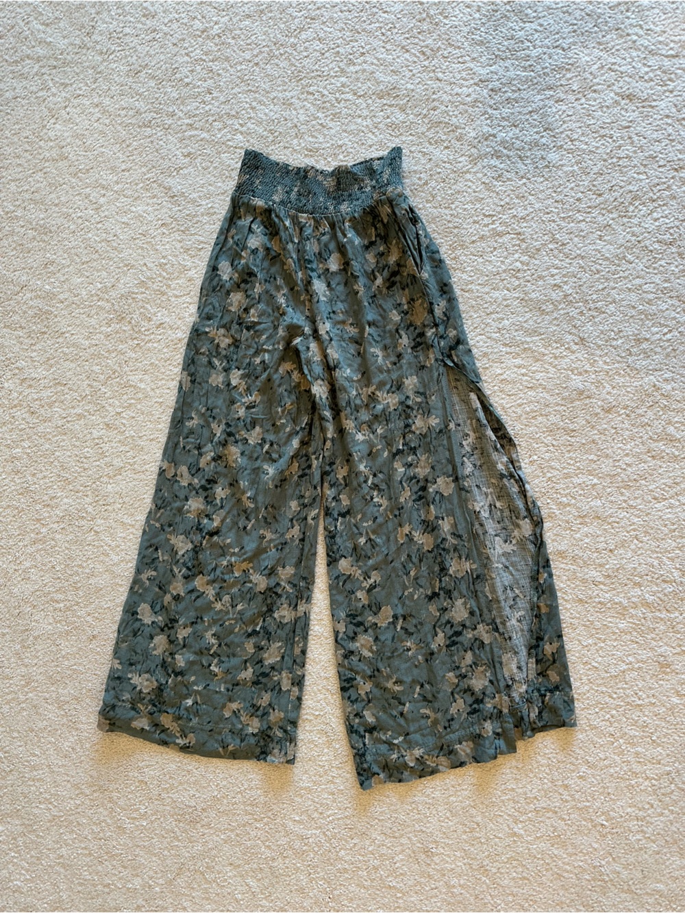 Smocked Waist Wide Leg Floral Lace Pants in Sage